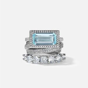 Aquamarine and Diamond 3 Ring Statement Stacked Ring Set - Women Jewelry Size 7